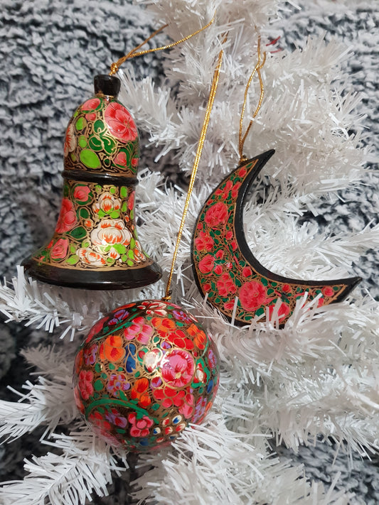 Lot Fleurie (Lune + Cloche + Boule) peint à la main